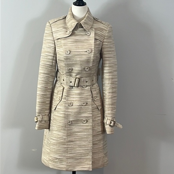 Supertrash Jackets & Blazers - SuperTrash Olympia Cotton Trench Coat in Cream and Gold Horizontal Stripes